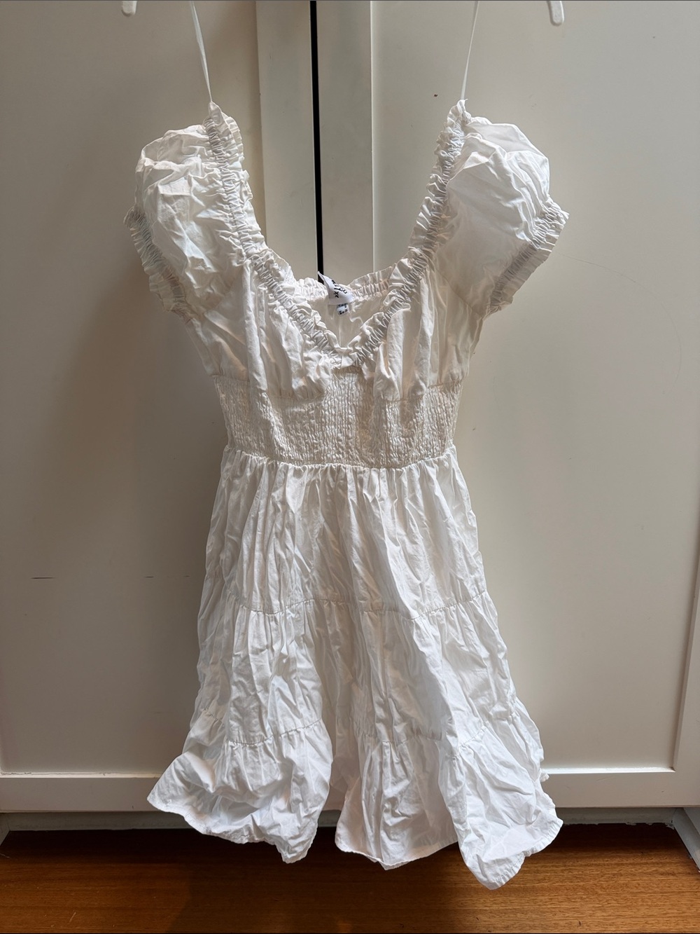 White Smocked Puff Sleeve Mini Dress with Ruffled Neckline princess polly